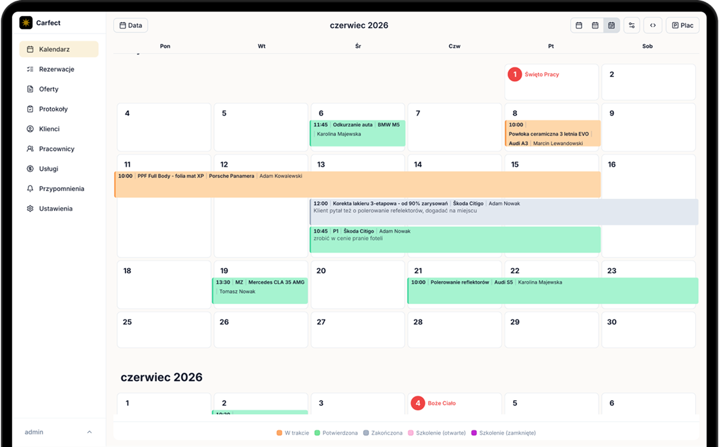 Carfect booking calendar